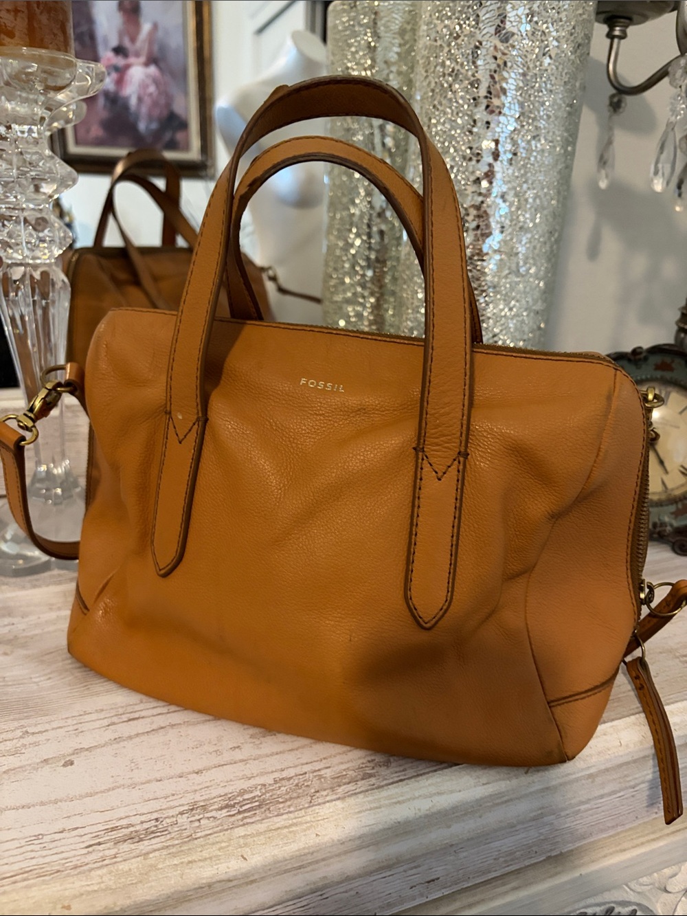 Fossil Leather Satchel in Cognac Tan with Gold Hardware